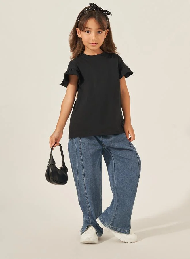 Styli Solid Dropped Shoulder T-Shirt with Ruffled Detail