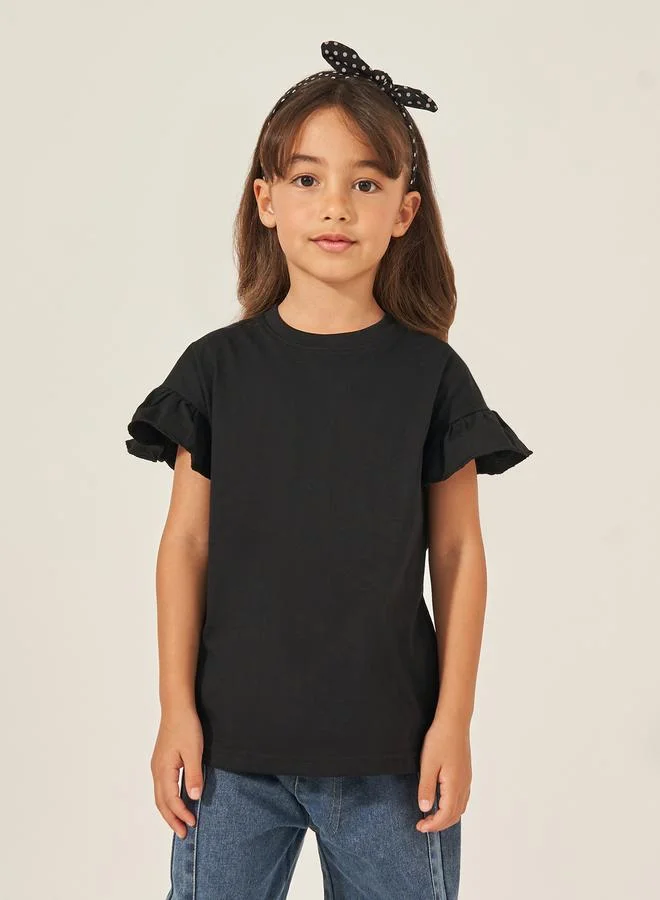 Styli Solid Dropped Shoulder T-Shirt with Ruffled Detail
