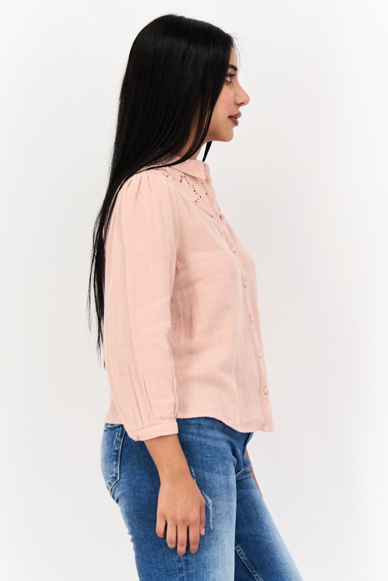 ONLY Women Spread Collar Long Sleeve Textured Blouse, Pink - Image 3