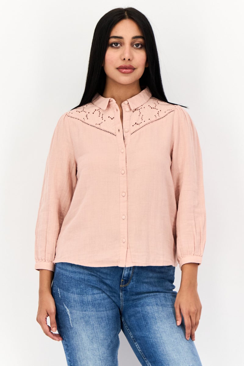 ONLY Women Spread Collar Long Sleeve Textured Blouse, Pink - Image 1