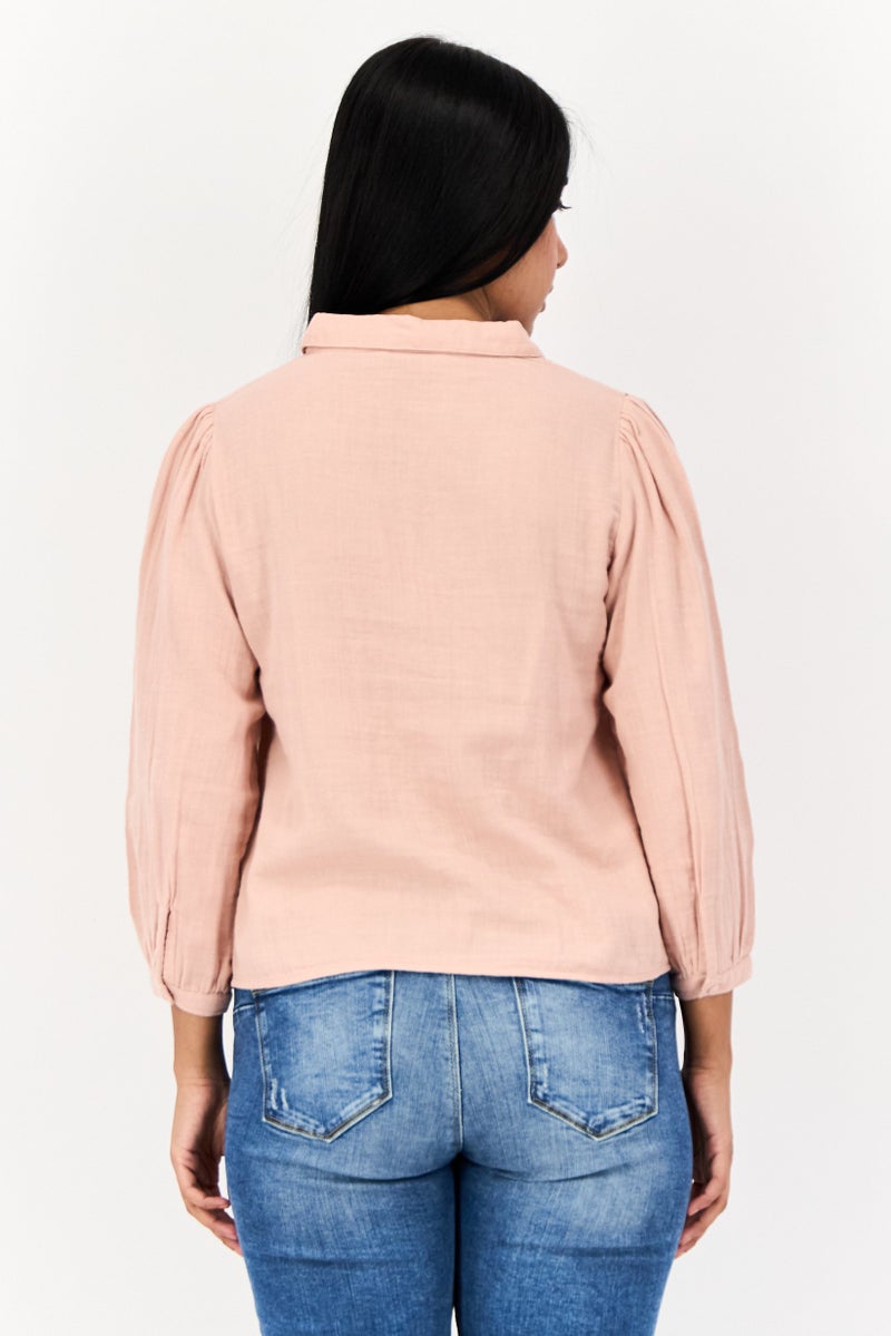 ONLY Women Spread Collar Long Sleeve Textured Blouse, Pink - Image 4