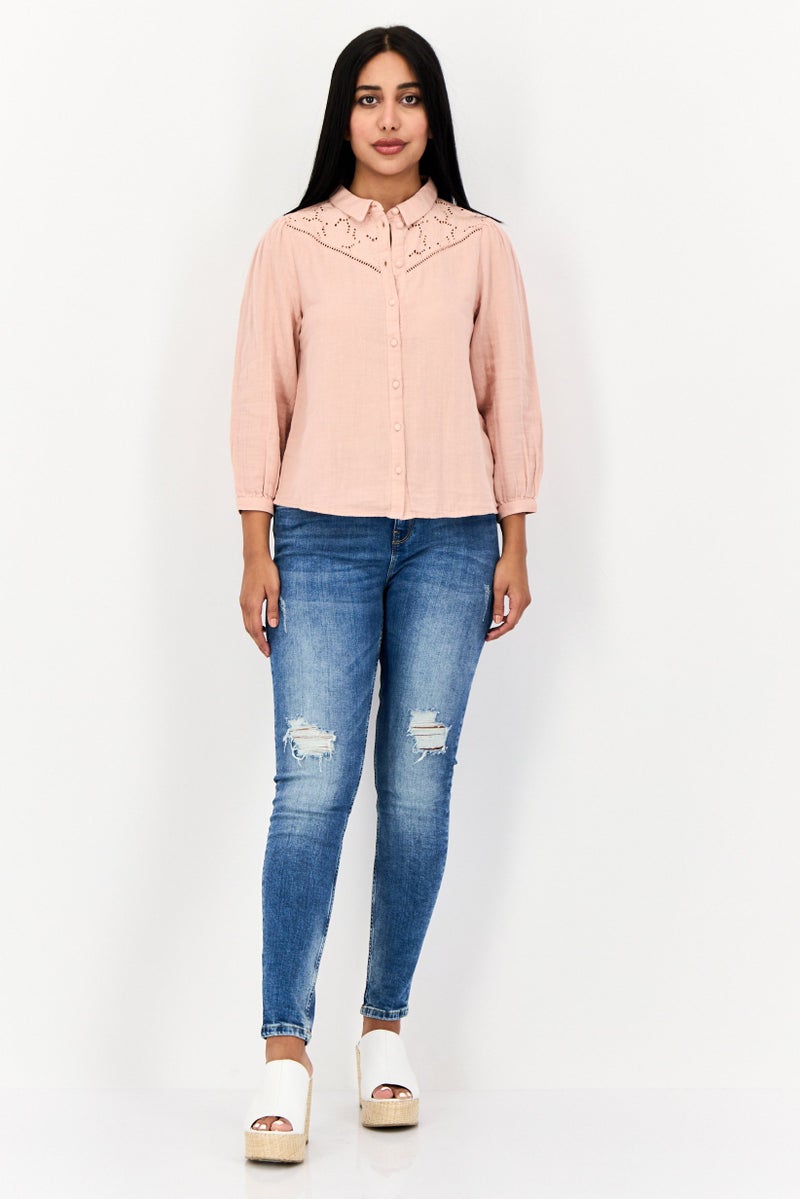 ONLY Women Spread Collar Long Sleeve Textured Blouse, Pink - Image 2