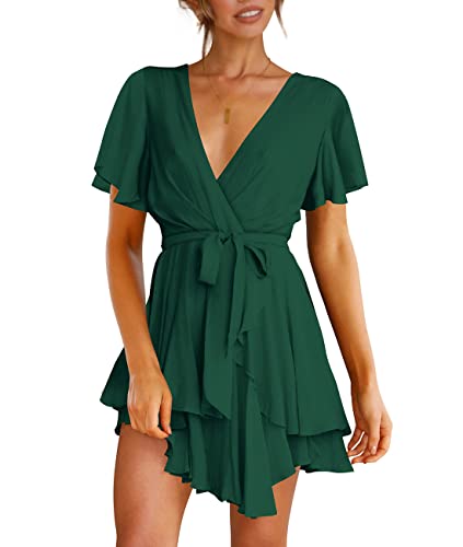 Cosonsen Womens Party Dresses Short Sleeve Deep V-Neck Skater Dresses Dark Green M - Image 1