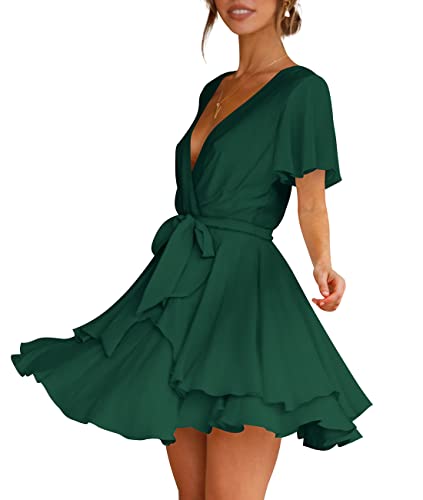 Cosonsen Womens Party Dresses Short Sleeve Deep V-Neck Skater Dresses Dark Green M - Image 2