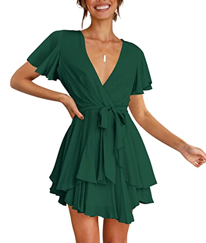 Cosonsen Womens Party Dresses Short Sleeve Deep V-Neck Skater Dresses Dark Green M - Image 5