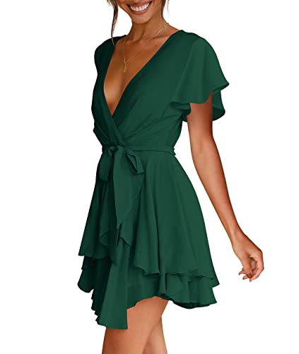 Cosonsen Womens Party Dresses Short Sleeve Deep V-Neck Skater Dresses Dark Green M - Image 4