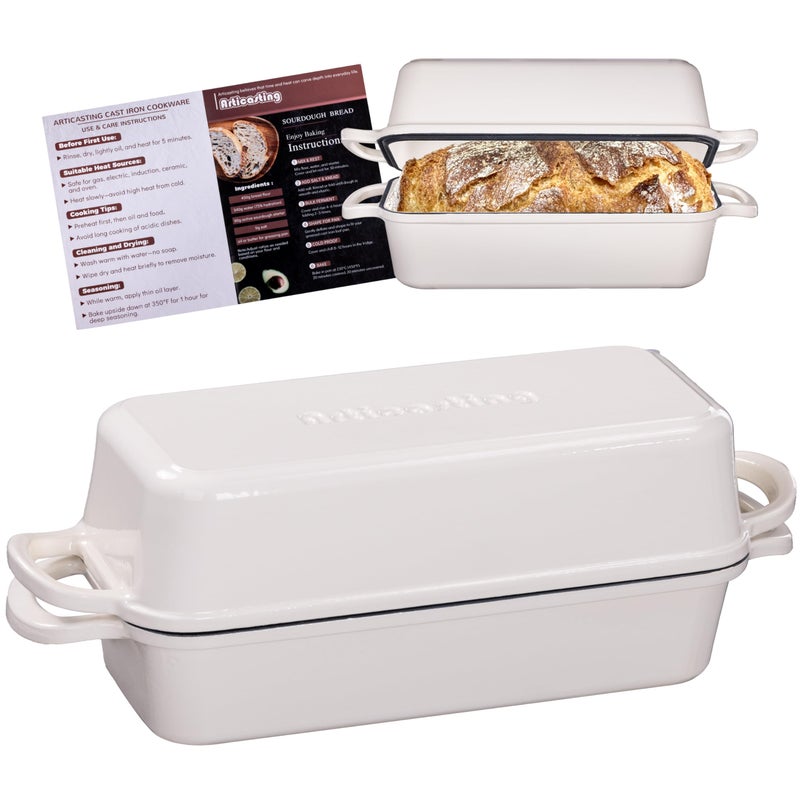 Articasting 11x5 Inch Cast Iron Bread Loaf Pan With Lid, 5.8 Qt Large Loaf Pan for Sourdough Bread Baking, Heavy Duty Dutch Oven Bread Pan For a Crispy Crust (Cream White) - Image 1