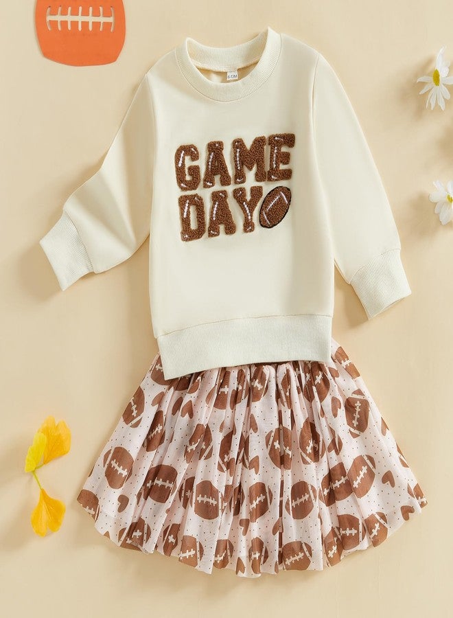 Lenjindjer Toddler Baby Girl Football Outfits Game Day Embroidery Long Sleeve Sweatshirt Sequin Tutu Skirts 2Pcs Fall Clothes (Beige, 2-3T) - Image 3