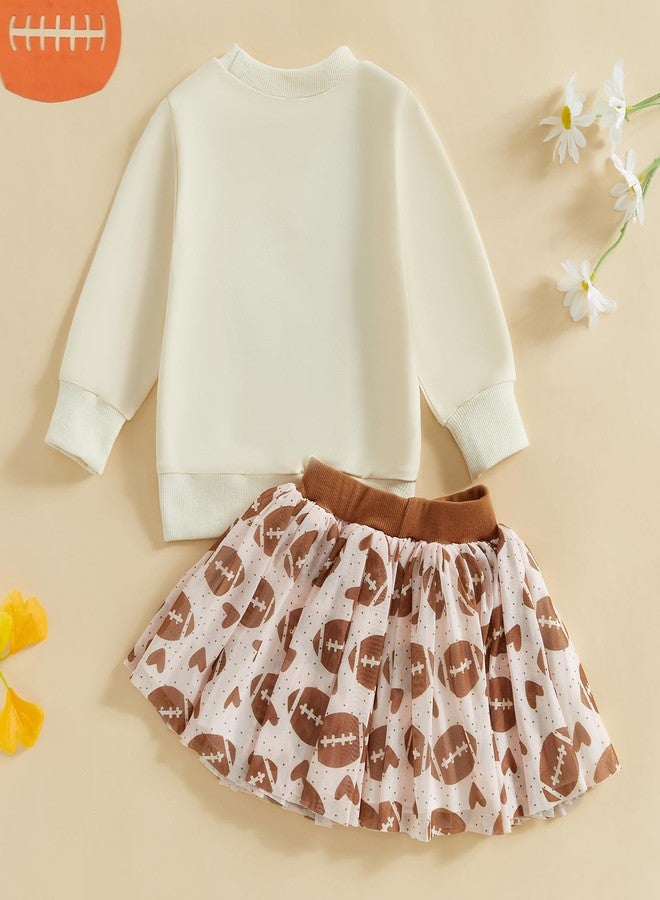 Lenjindjer Toddler Baby Girl Football Outfits Game Day Embroidery Long Sleeve Sweatshirt Sequin Tutu Skirts 2Pcs Fall Clothes (Beige, 2-3T) - Image 4
