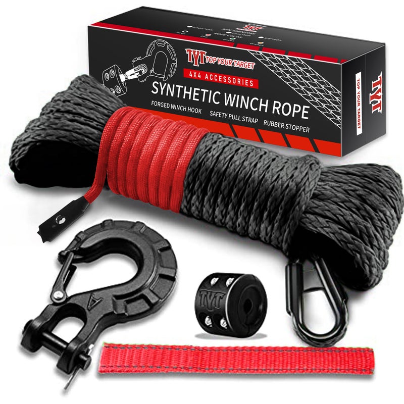 Tyt Off-Road Winch Rope Kit - 3/16 ' 'X50 '  8500 Lbs Black Synthetic Cable With Protective Sheath  Heavy-Duty Hook  Safety Pull Strap & Rubber Stopper Ideal For 4Wd Atv Utv Vehicles  Grey  (Jps3650Ig) - Image 1