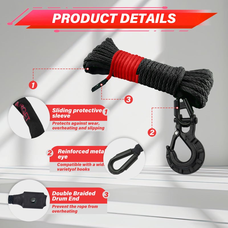 Tyt Off-Road Winch Rope Kit - 3/16 ' 'X50 '  8500 Lbs Black Synthetic Cable With Protective Sheath  Heavy-Duty Hook  Safety Pull Strap & Rubber Stopper Ideal For 4Wd Atv Utv Vehicles  Grey  (Jps3650Ig) - Image 3