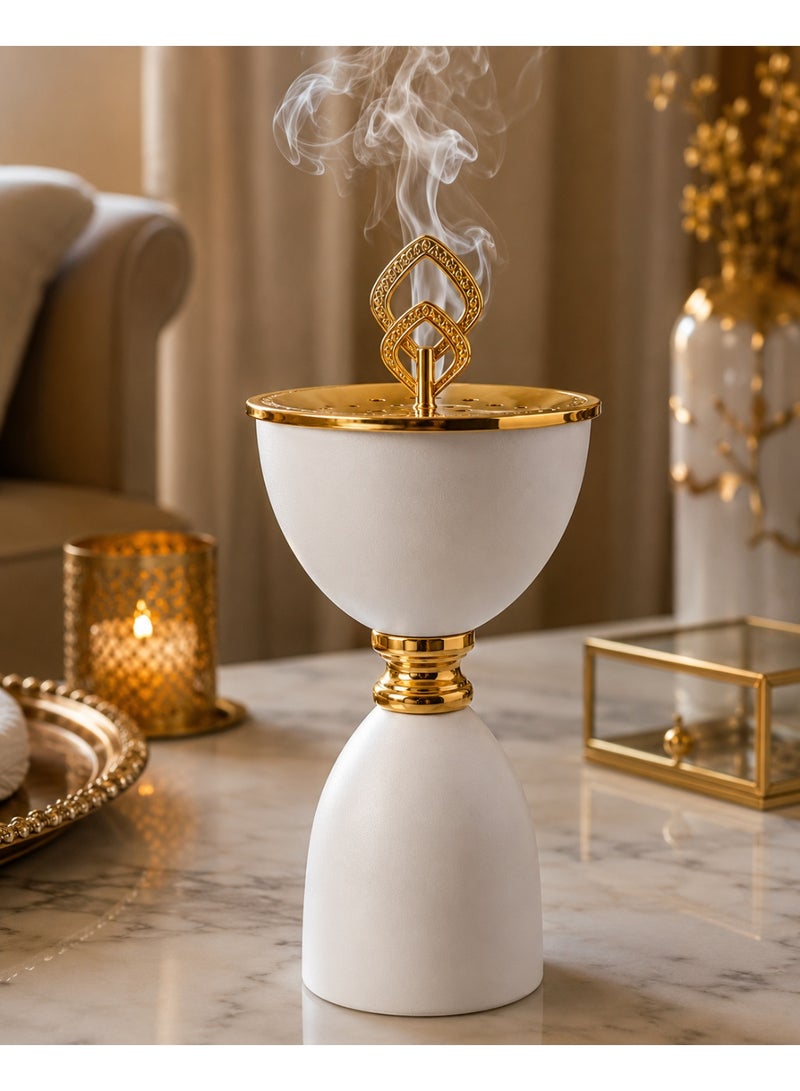 Premium White & Gold Decorative Bakhoor Burner, Heat-Resistant Incense Holder For Home, Majlis & Office - Image 2