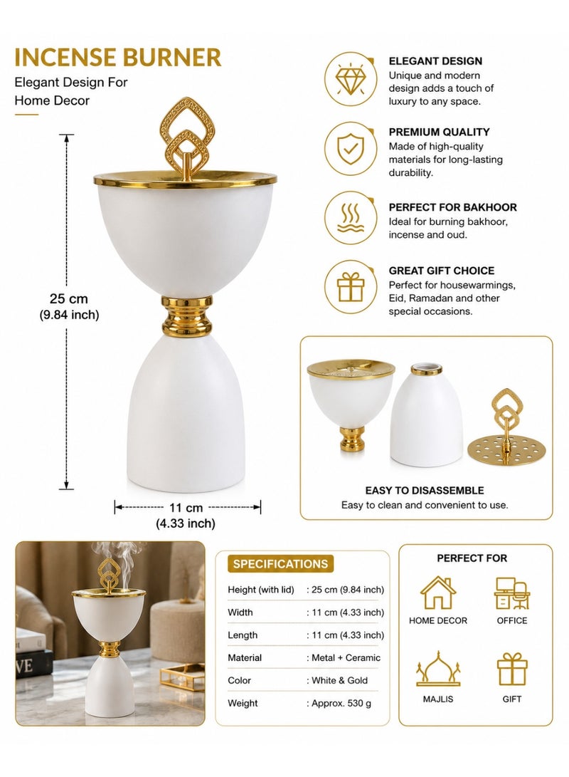 Premium White & Gold Decorative Bakhoor Burner, Heat-Resistant Incense Holder For Home, Majlis & Office - Image 3