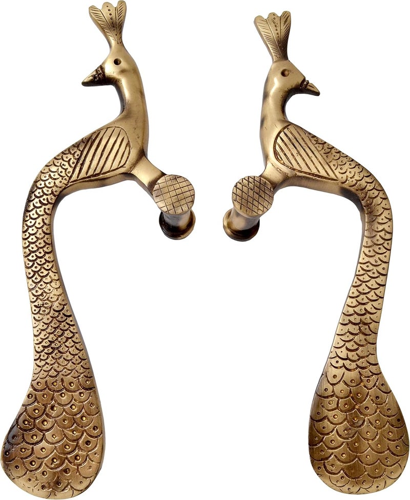 Two Moustaches Peacock Design Brass Door Handle Pair 10 Inches Brown Pack Of 2 Handles Brass Pull Handle - Image 1