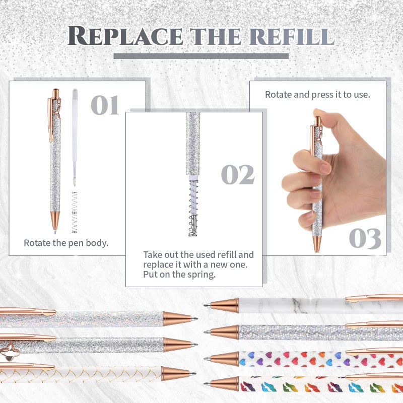 Sherr 7 Pcs Fancy Pens for Women Cute Sparkly Glitter Pens with 10 Pcs Black Ink Refills Pretty Gifts for Girls Office School Christmas Graduation(Novel) - Image 3