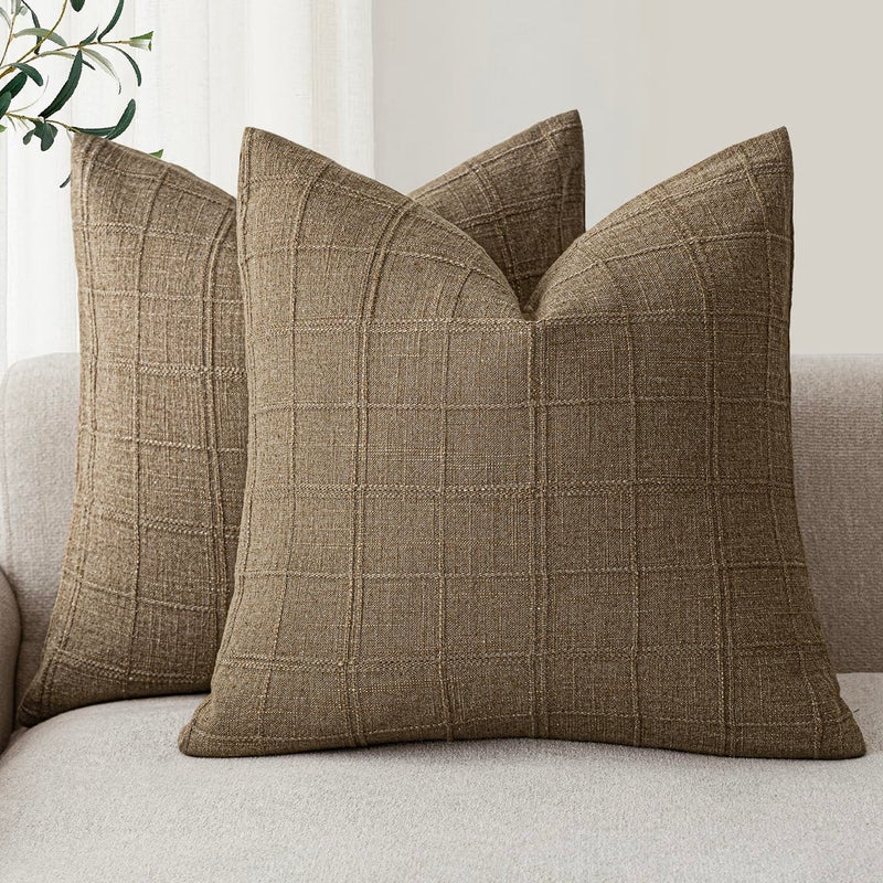 Foindtower Set of 2 Decorative Linen Check Throw Pillow Covers Neutral Farmhouse Vintage Cushion Covers Modern Boho Home Decor for Sofa Chair Couch Bedroom Living Room2222 InchLight Brown - Image 2