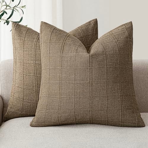 Foindtower Set of 2 Decorative Linen Check Throw Pillow Covers Neutral Farmhouse Vintage Cushion Covers Modern Boho Home Decor for Sofa Chair Couch Bedroom Living Room2222 InchLight Brown - Image 1