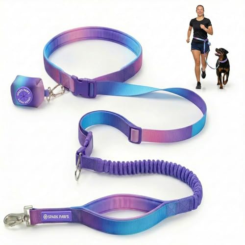 Spark Paws Handsfree Dog Leash Shock Absorbing Waist Bungee Lead for Running Car Seatbelt Clip Poop Bag Set Heavy Duty Tactical Lead for Medium Large XLarge Breeds 90s Retro - Image 1