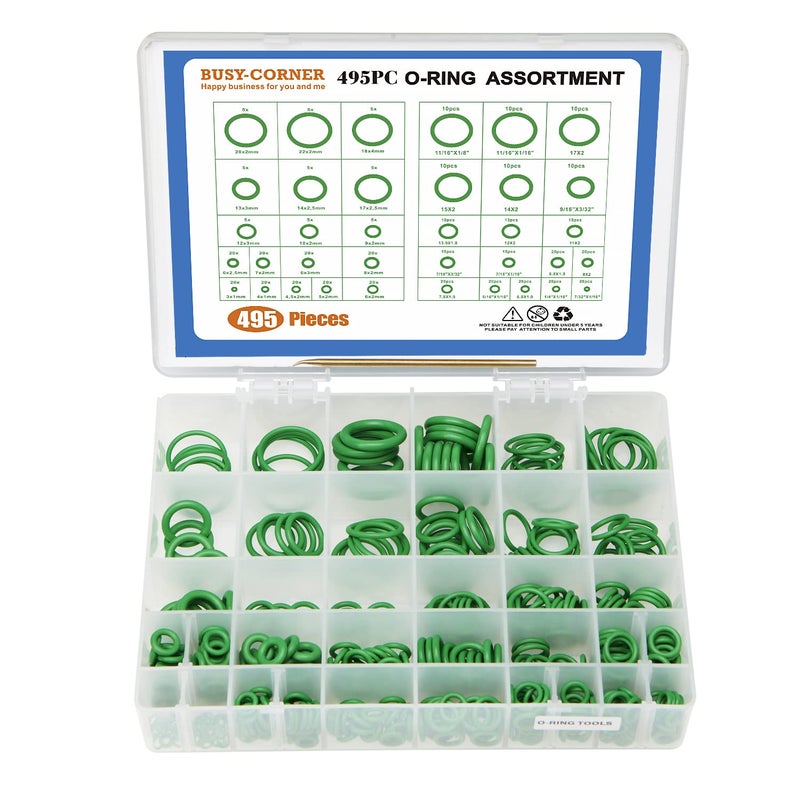 BUSY-CORNER 495 Pieces SAE Metric O Ring Kit with O-Ring Pick & Installation Tools Rubber Washer Orings for A/C Professional Plumbing Automotive(Green Green) - Image 1