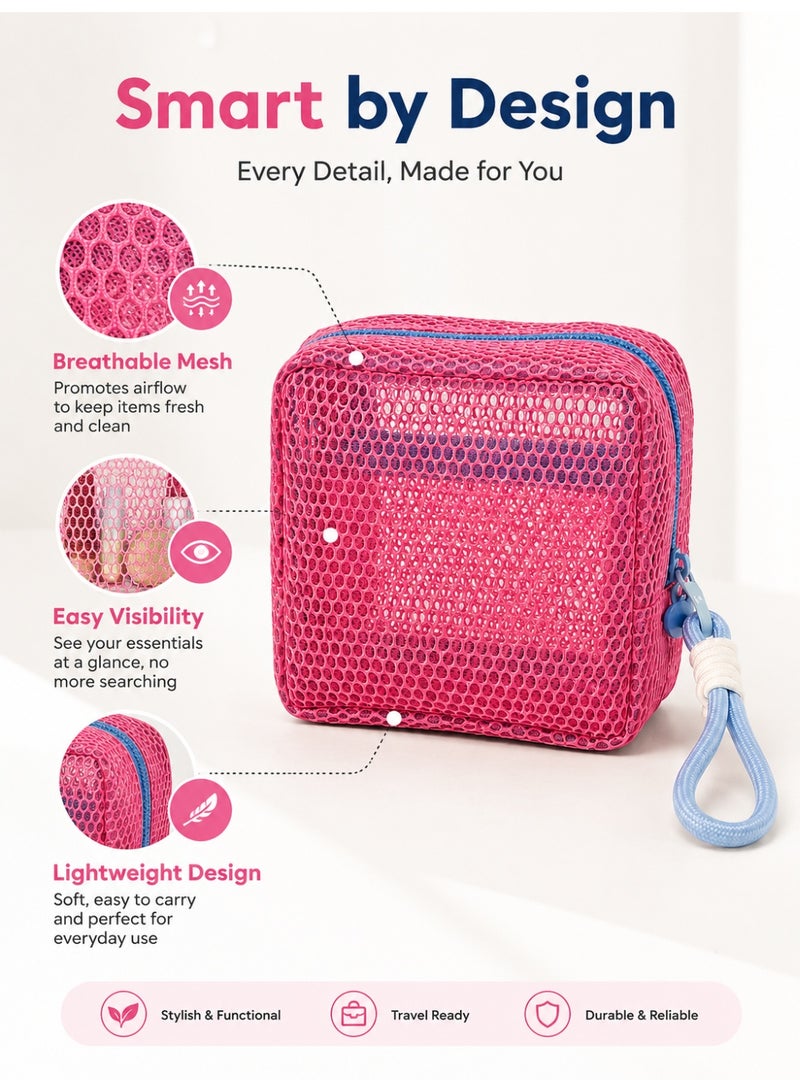 Portable Mesh Cosmetic Bag Travel Toiletry Pouch Makeup Organizer Zipper Storage Bag Pink - Image 2