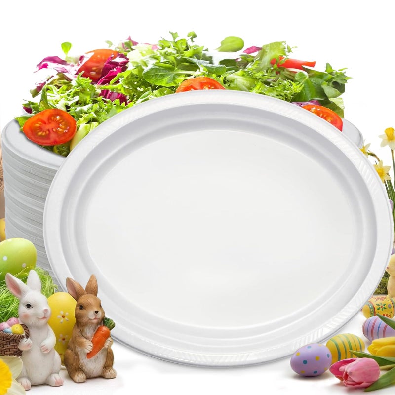 BONSINY 50 Count Disposable Plates - White Plastic Plates for Birthday Picnic BBQ Easter Spring Day (10" x 12") - Image 1