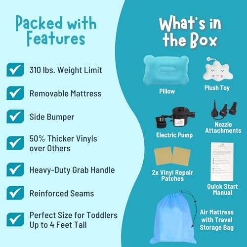Asani Inflatable Toddler Travel Bed, Electric Pump, Leakproof Air Mattress, Bumpers, Carry Case, Pillow - Fits Kids Up to 4ft - Blue | Portable, Foldable, Ideal for Camping & Sleepovers - Image 5