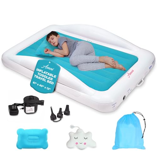 Asani Inflatable Toddler Travel Bed, Electric Pump, Leakproof Air Mattress, Bumpers, Carry Case, Pillow - Fits Kids Up to 4ft - Blue | Portable, Foldable, Ideal for Camping & Sleepovers - Image 1