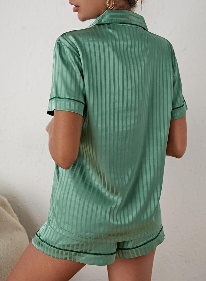 Take Two Green Striped Short Sleeve Shirt and Shorts Set - Image 2