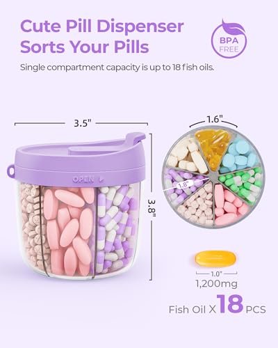 AMOOS Cute Pill Dispenser with 7 Large Compartments, Portable Pill Bottle Organizer with Wide Opening for Easy Use, Anti-Mix Pill Organizer for Travel, BPA-Free Pill Container, Purple - Image 2