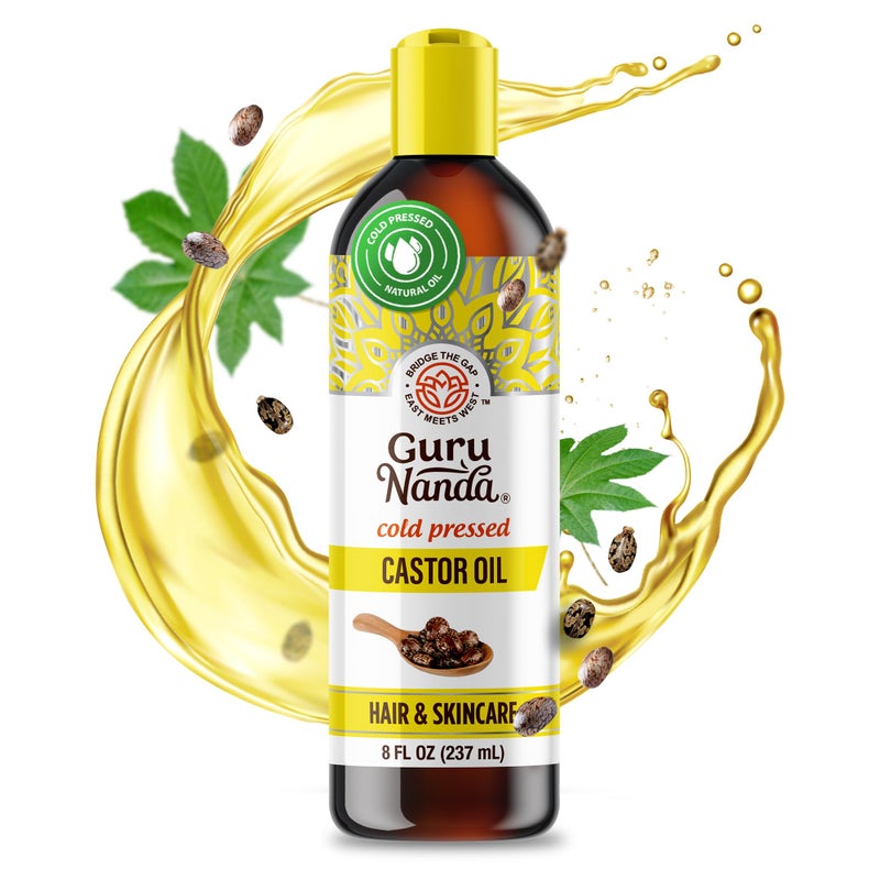 GuruNanda Castor Oil (8 Fl oz), 100% Pure & Natural - Cold Pressed & Hexane-Free, Hydrating Carrier Oil for Skin, Hair, Eyebrows & Eyelashes Growth - Image 1