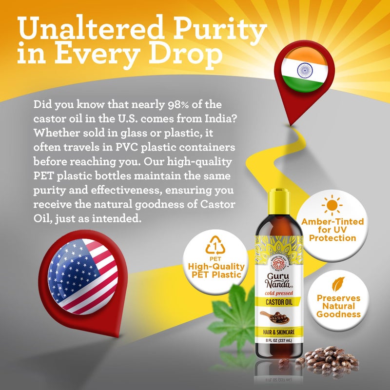 GuruNanda Castor Oil (8 Fl oz), 100% Pure & Natural - Cold Pressed & Hexane-Free, Hydrating Carrier Oil for Skin, Hair, Eyebrows & Eyelashes Growth - Image 4