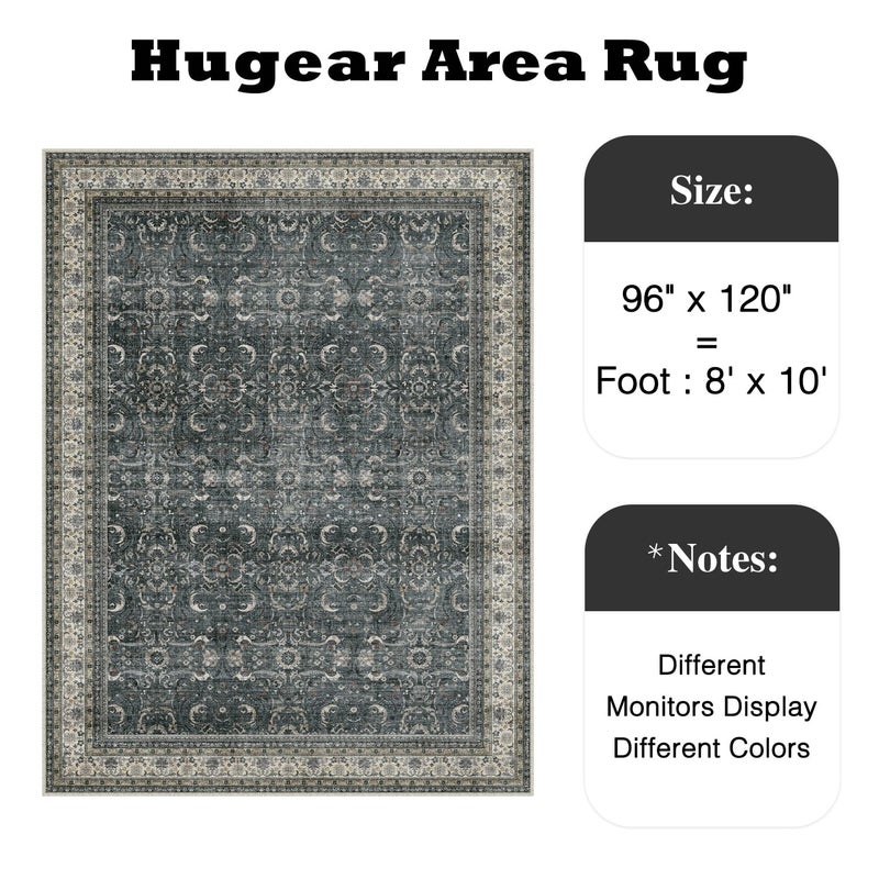 HUGEAR Area Rug 8x10 Vintage Black Machine Washable Living Room Rugs Distressed Retro Floral Vacuumable Low Pile Carpet Bedroom Office Dining Room Laundry Room Non Slip Soft Lightweight - Image 2