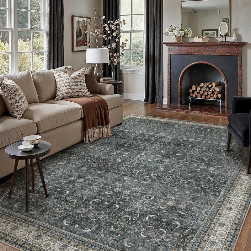 HUGEAR Area Rug 8x10 Vintage Black Machine Washable Living Room Rugs Distressed Retro Floral Vacuumable Low Pile Carpet Bedroom Office Dining Room Laundry Room Non Slip Soft Lightweight - Image 1