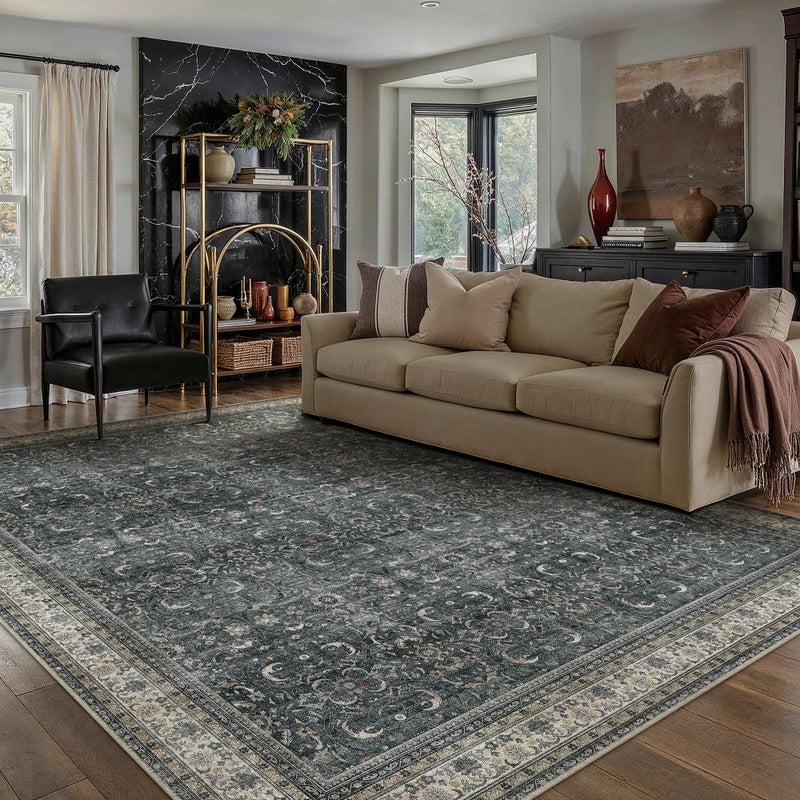 HUGEAR Area Rug 8x10 Vintage Black Machine Washable Living Room Rugs Distressed Retro Floral Vacuumable Low Pile Carpet Bedroom Office Dining Room Laundry Room Non Slip Soft Lightweight - Image 3