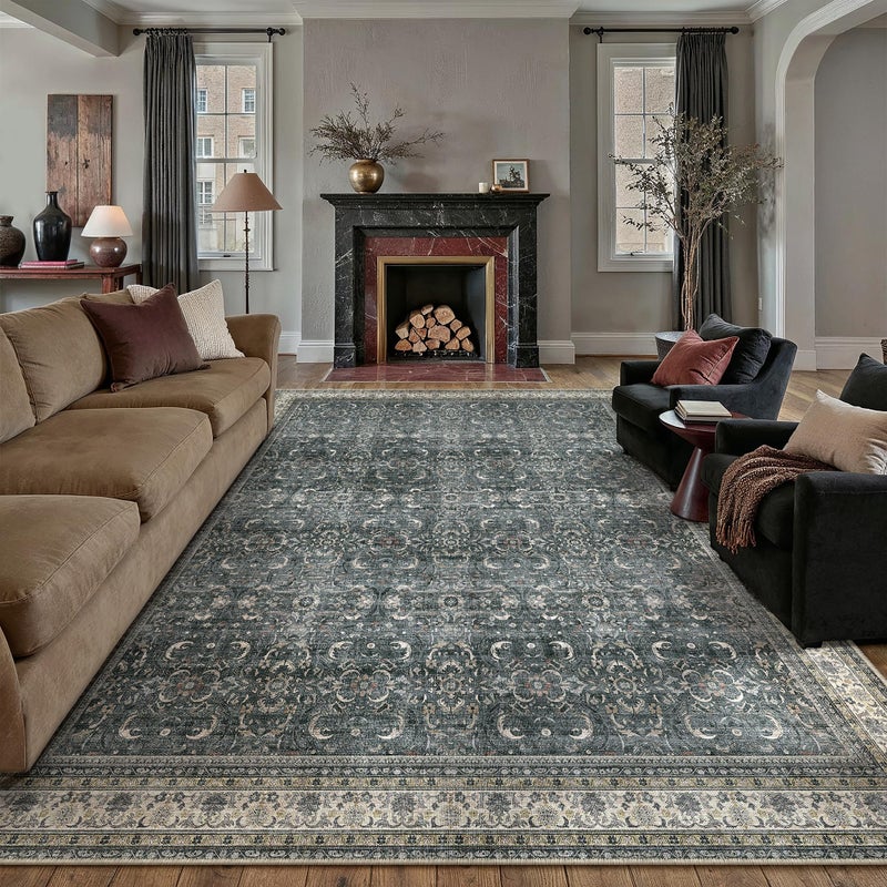 HUGEAR Area Rug 8x10 Vintage Black Machine Washable Living Room Rugs Distressed Retro Floral Vacuumable Low Pile Carpet Bedroom Office Dining Room Laundry Room Non Slip Soft Lightweight - Image 4