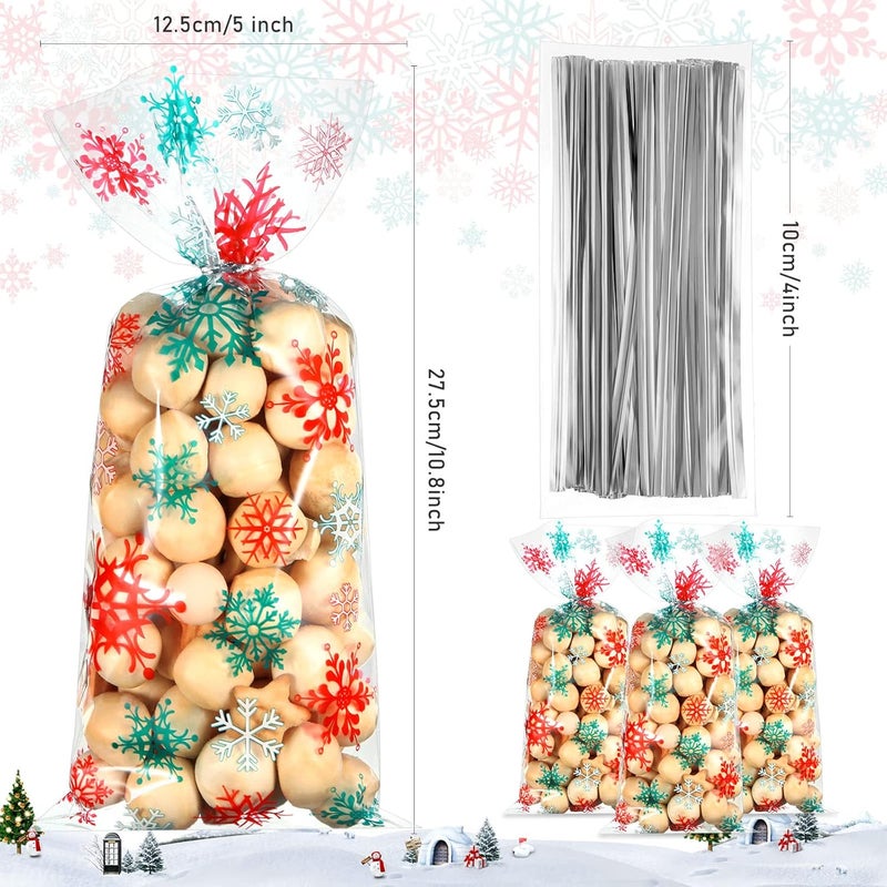 Clabby 100 Pcs Christmas Cellophane Treat Bags Red Green Snowflake Cello Plastic Candy Goodie Bags with Twist Ties for Winter Holiday Xmas Party Favor Supplies(Red and Green) - Image 2
