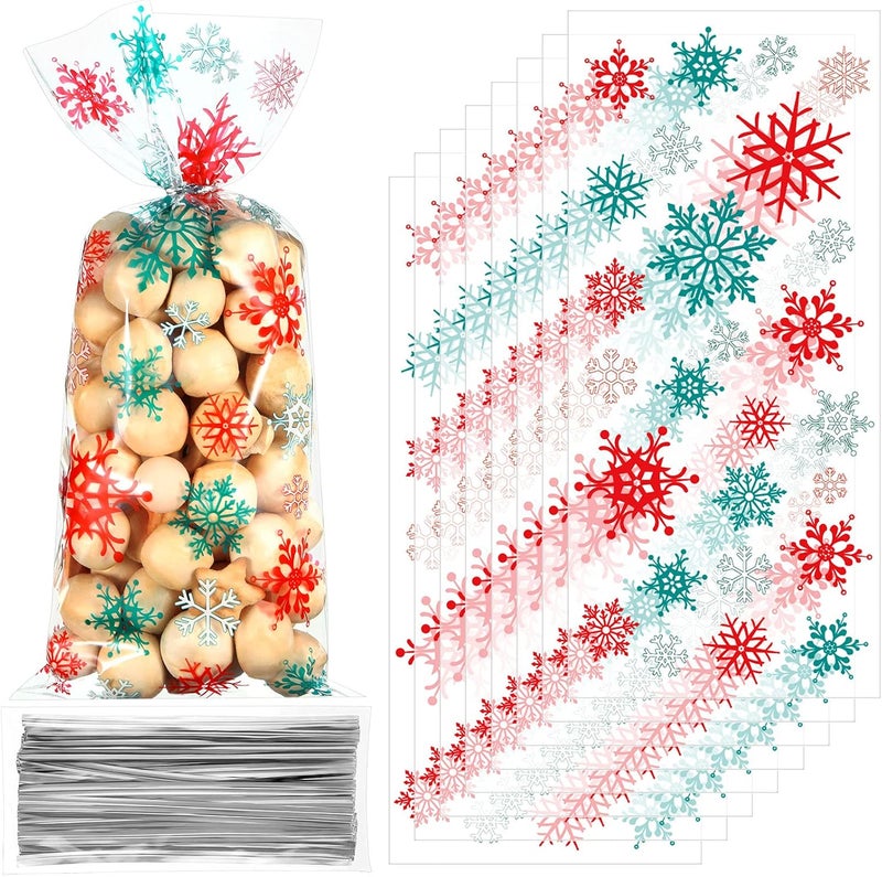 Clabby 100 Pcs Christmas Cellophane Treat Bags Red Green Snowflake Cello Plastic Candy Goodie Bags with Twist Ties for Winter Holiday Xmas Party Favor Supplies(Red and Green) - Image 1