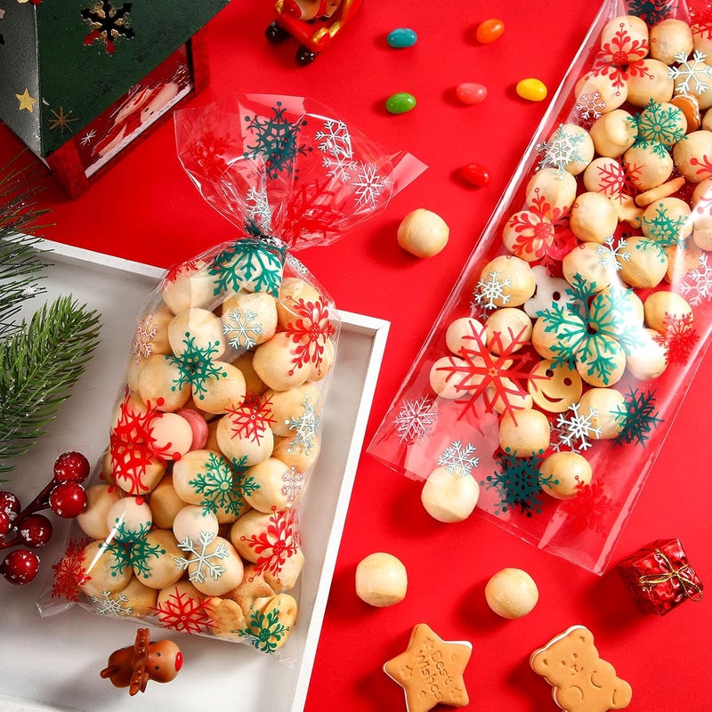 Clabby 100 Pcs Christmas Cellophane Treat Bags Red Green Snowflake Cello Plastic Candy Goodie Bags with Twist Ties for Winter Holiday Xmas Party Favor Supplies(Red and Green) - Image 4