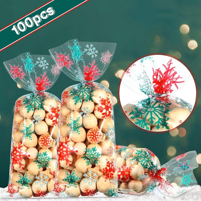 Clabby 100 Pcs Christmas Cellophane Treat Bags Red Green Snowflake Cello Plastic Candy Goodie Bags with Twist Ties for Winter Holiday Xmas Party Favor Supplies(Red and Green) - Image 3