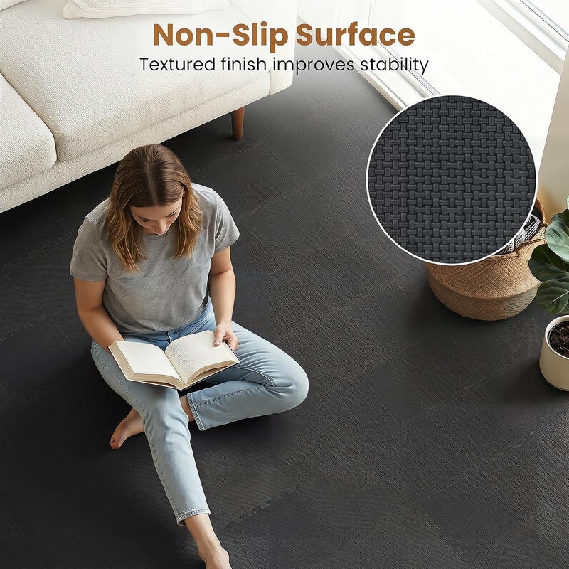 Giantex 18 PCS Interlocking Exercise Mat, 18 Sq.Ft EVA Foam Floor Tiles with Borders, 0.4" Thick Non-Slip Puzzle Workout Mats, Protective Gym Flooring for Home Gym, Garage, Basement, Black - Image 4