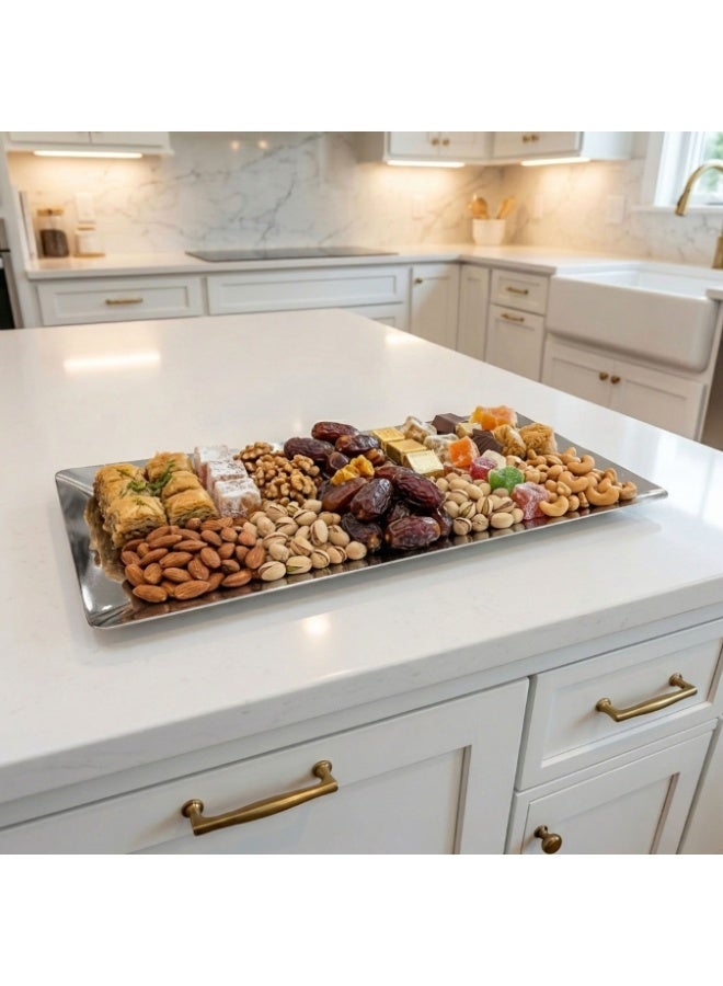 Modern Rectangular Silver Stainless Steel Serving Tray or Dish, a Luxurious Serving Piece for Sweets, Pastries, and Dates, with a Contemporary Design. Length 38 cm, Width 18 cm - Image 2