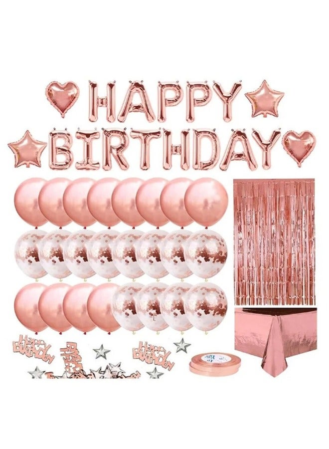 Zeemey Rose Gold Birthday Party Decoration Balloon Arch Garland Set with Happy Birthday Balloon Banner, Foil Balloon, Fringe Curtain, Tablecloth and Ribbon - Image 1