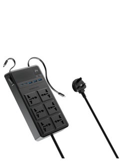 باورولوجي شريط طاقة 6 تيار متردد 2500 وات مع منافذ USB A وUSB-C وكابلات Lightning وType-C مدمجة / سلك طاقة بطول 3 أمتار / حماية مدمجة / مقاوم للحريق / مقبس طاقة للشحن المتزامن - أسود  - Image 1