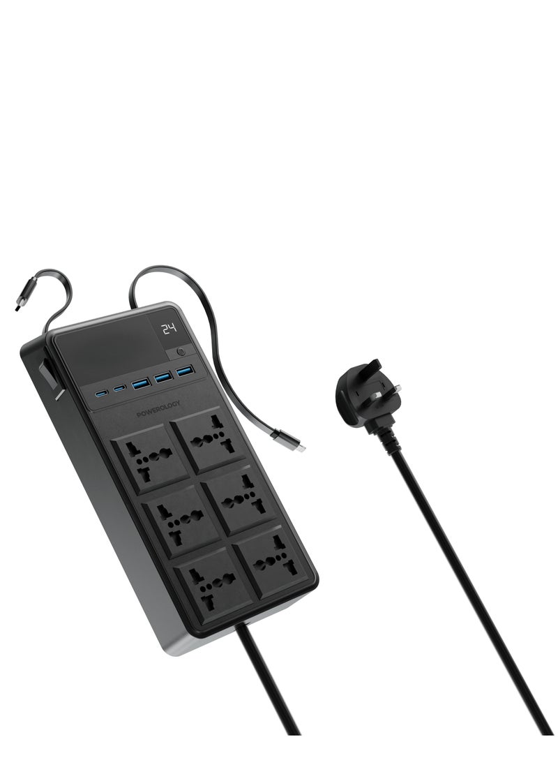 Powerology Power Strip 6 AC 2500W With USB A and USB-C Ports and Lightning and Type-C Built-in Cables / 3m Power Cord / Built-in Safeguards / Fire-proof / Simultaneous Charging Power Socket - Black  - Image 1
