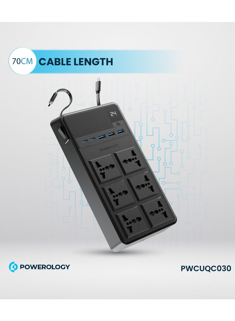 Powerology Power Strip 6 AC 2500W With USB A and USB-C Ports and Lightning and Type-C Built-in Cables / 3m Power Cord / Built-in Safeguards / Fire-proof / Simultaneous Charging Power Socket - Black  - Image 3