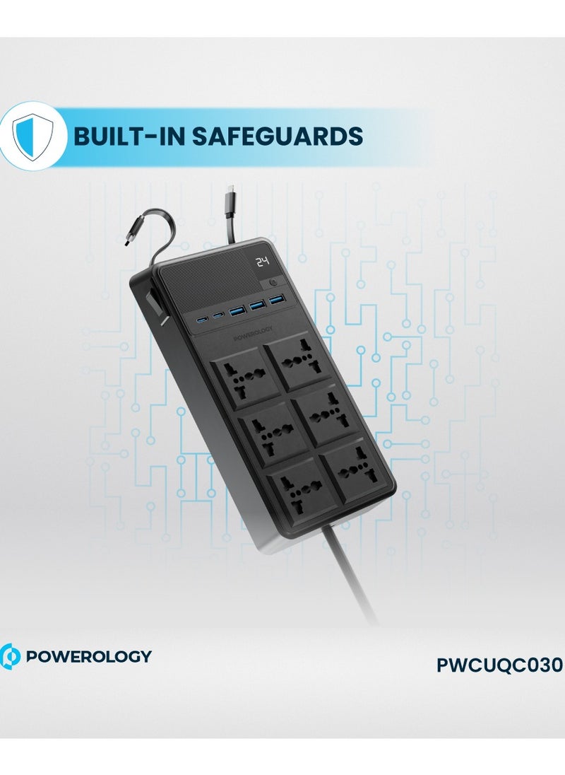 Powerology Power Strip 6 AC 2500W With USB A and USB-C Ports and Lightning and Type-C Built-in Cables / 3m Power Cord / Built-in Safeguards / Fire-proof / Simultaneous Charging Power Socket - Black  - Image 4