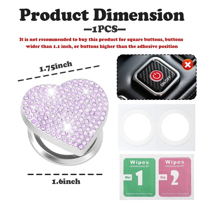 IHOTDER Bling Push Start Button Cover with Rhinestone,Heart Push to Start Button Cover for Car Decor,Diamond Engine Start Buttons Cover Car Accessories Interior for Women & Girl (Purple) - Image 2