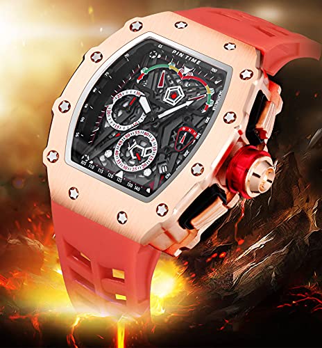 FANMIS Mens Luxury Tonneau Square Watches Analog Punk Chronograph Unique Sports Wrist Watch Japanese Movement Luminous Design with Rubber Band (Rosegold Red) - Image 5
