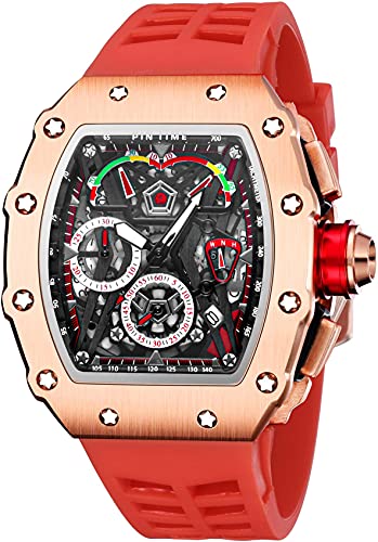 FANMIS Mens Luxury Tonneau Square Watches Analog Punk Chronograph Unique Sports Wrist Watch Japanese Movement Luminous Design with Rubber Band (Rosegold Red) - Image 1