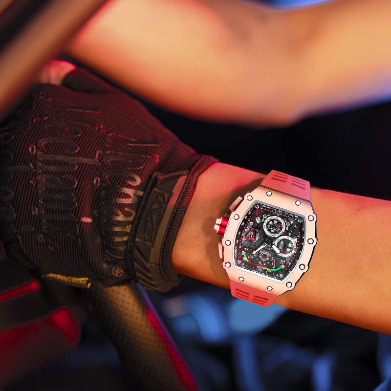 FANMIS Mens Luxury Tonneau Square Watches Analog Punk Chronograph Unique Sports Wrist Watch Japanese Movement Luminous Design with Rubber Band (Rosegold Red) - Image 4